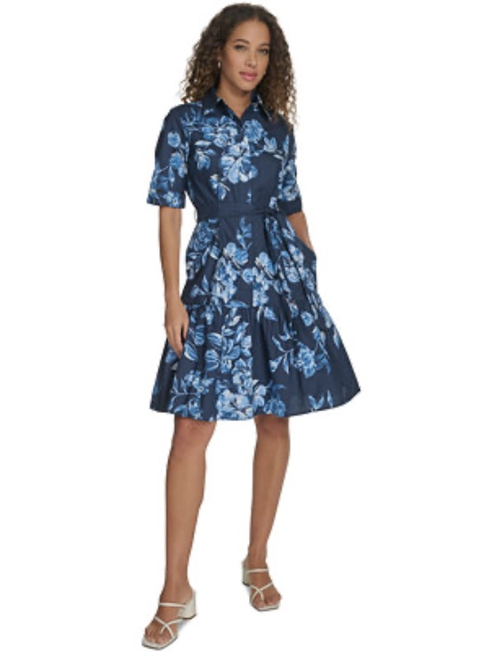 Calvin Klein Dresses & Skirts - Calvin Klein button up,point collar, sash tie,pockets navy,sky blue 100% cotton